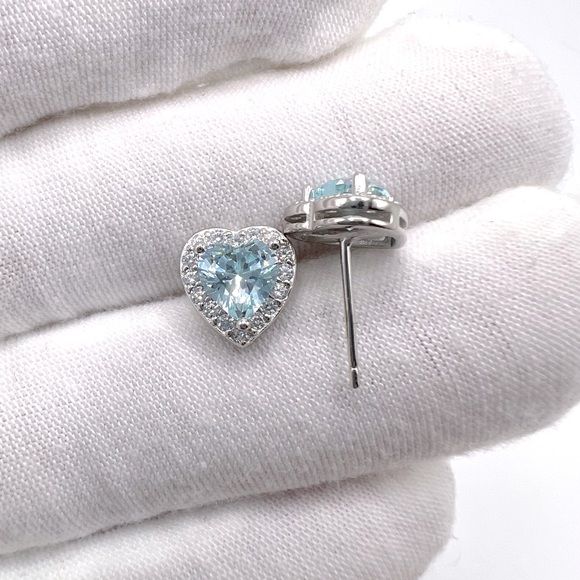 .925 Sterling Silver Aquamarine Cz & Clear Cz Heart Earrings - Picture 3 of 16